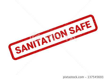 Distressed rubber stamp impression featuring the text SANITATION SAFE within a rectangular border, conveying cleanliness message Distressed rubber stamp impression featuring the text SANITATION SAFE within a rectangular border, conveying cleanliness message 137545693