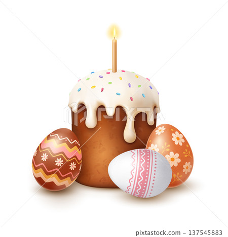Easter cake with candle and decorated eggs 137545883