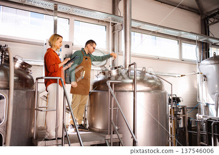 Brewery workers monitoring beer production in stainless vats 137546006