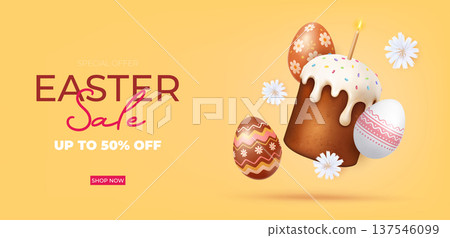 Easter sale banner with cake and decorated eggs Easter sale banner with cake and decorated eggs 137546099
