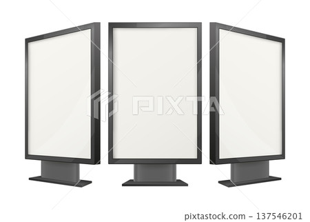 Three blank advertising billboards with vertical white screens, providing a clean template for various outdoor promotions and digital signage projects 137546201