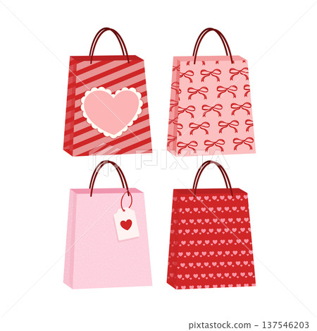 Celebrating love and romance, a collection of gift bags designed with charming hearts, stripes, and bows, perfect for presents Celebrating love and romance, a collection of gift bags designed with charming hearts, stripes, and bows, perfect for presents 137546203