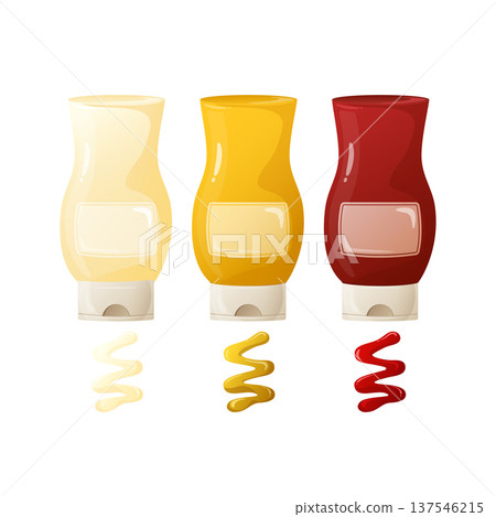 Bottles of classic sauces (mayonnaise, mustard, ketchup) with spills, representing popular food condiments for snacks and meals Bottles of classic sauces (mayonnaise, mustard, ketchup) with spills, representing popular food condiments for snacks and meals 137546215