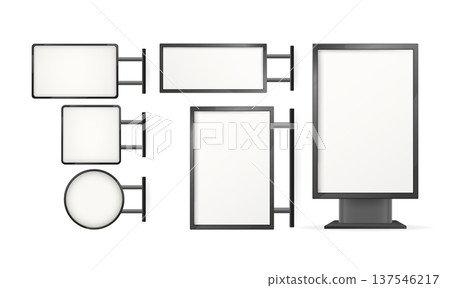 Blank outdoor advertising light boxes and a standing billboard mockup, offering a clean display space for various commercial messages Blank outdoor advertising light boxes and a standing billboard mockup, offering a clean display space for various commercial messages 137546217