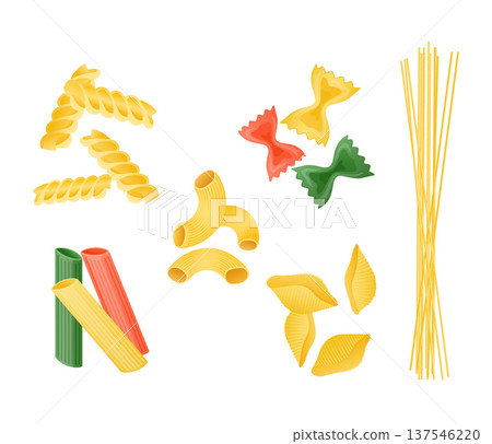 Assorted dry pasta types isolated on a white background, including fusilli, farfalle, macaroni, penne, conchiglie, and spaghetti Assorted dry pasta types isolated on a white background, including fusilli, farfalle, macaroni, penne, conchiglie, and spaghetti 137546220