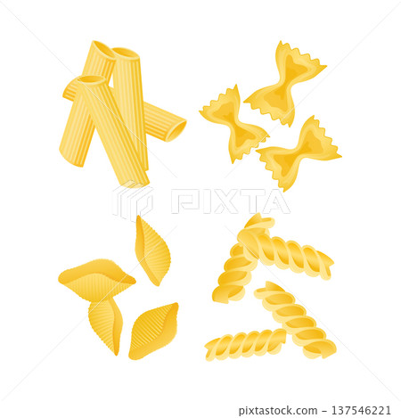 Various uncooked durum wheat pasta types, including rigatoni, bow ties, twisted spirals, and shells, illustrating choices for Italian cuisine Various uncooked durum wheat pasta types, including rigatoni, bow ties, twisted spirals, and shells, illustrating choices for Italian cuisine 137546221