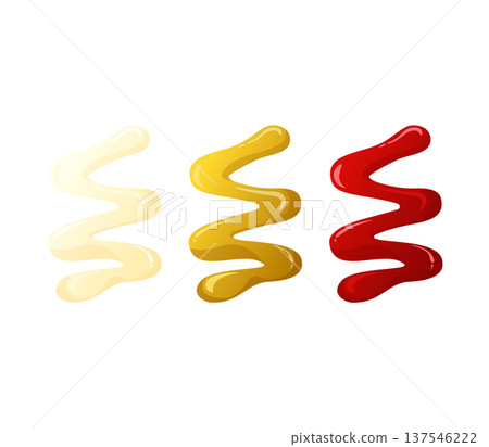 Various savory liquid sauces dripping in colorful, wavy zigzag patterns, representing popular condiments for food 137546222