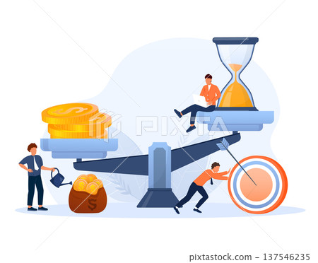 Business people managing funds and time on a scale, investing for financial growth, achieving goals with strategic planning 137546235