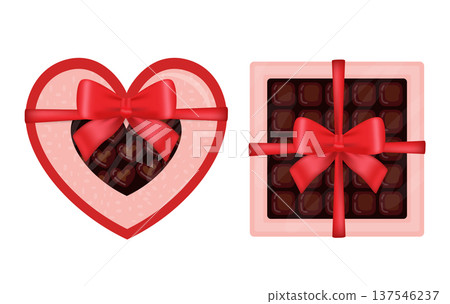 Chocolate gift boxes with red bows, a heart shape and a square box, representing love, romance, and special occasions Chocolate gift boxes with red bows, a heart shape and a square box, representing love, romance, and special occasions 137546237