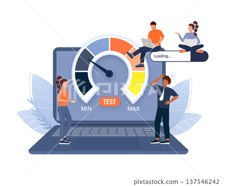 People measuring internet speed and network performance with a digital speedometer and loading bar on a large laptop screen People measuring internet speed and network performance with a digital speedometer and loading bar on a large laptop screen 137546242