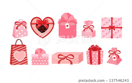 Assorted pink and red gift boxes, shopping bags, and heart-shaped presents for Valentine's Day, love, and romantic occasions 137546243