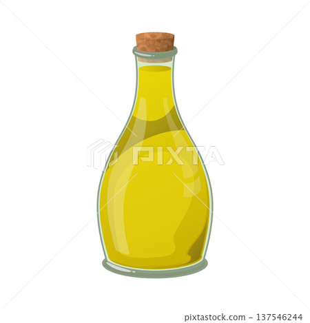 Olive oil bottle with cork, full of golden liquid. Healthy cooking ingredient and core element of the Mediterranean diet Olive oil bottle with cork, full of golden liquid. Healthy cooking ingredient and core element of the Mediterranean diet 137546244
