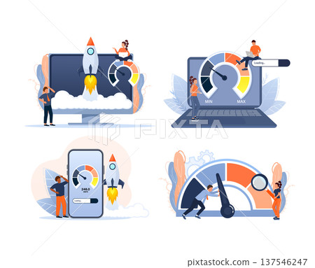 Users improving data transfer and online productivity, measuring network capacity with speedometers on devices Users improving data transfer and online productivity, measuring network capacity with speedometers on devices 137546247