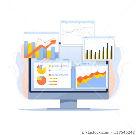 Business data analysis presented on a computer monitor with multiple charts, graphs and infographics for financial growth and market statistics Business data analysis presented on a computer monitor with multiple charts, graphs and infographics for financial growth and market statistics 137546248