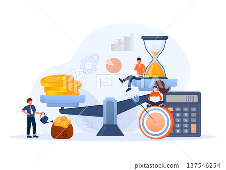 Businesspeople balancing the scales of money and time, investing in growth, and reaching financial targets with strategic planning Businesspeople balancing the scales of money and time, investing in growth, and reaching financial targets with strategic planning 137546254