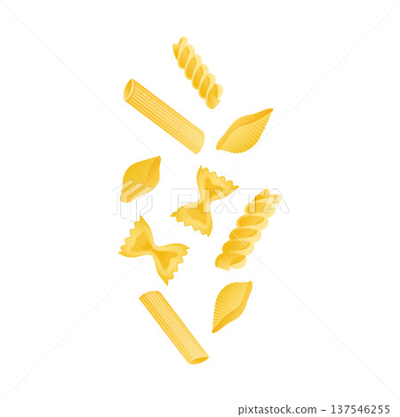 Various pasta types including bow tie, spiral, shell, and tube shapes falling on a white background, representing Italian cuisine 137546255