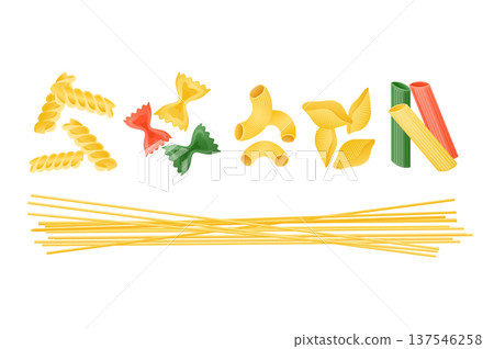 Italian pasta shapes set, featuring different types like spaghetti, fusilli, farfalle, conchiglie, maccheroni, and penne, uncooked on white 137546258
