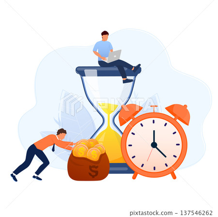 People managing time and money. One person pushes a bag of coins, another sits on an hourglass working on a laptop near an alarm clock 137546262