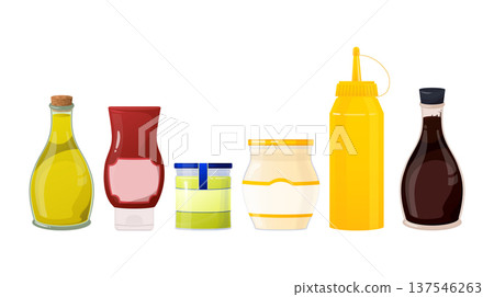 Collection of essential kitchen condiments, such as olive oil, ketchup, mustard, and mayonnaise, stored in bottles and jars Collection of essential kitchen condiments, such as olive oil, ketchup, mustard, and mayonnaise, stored in bottles and jars 137546263