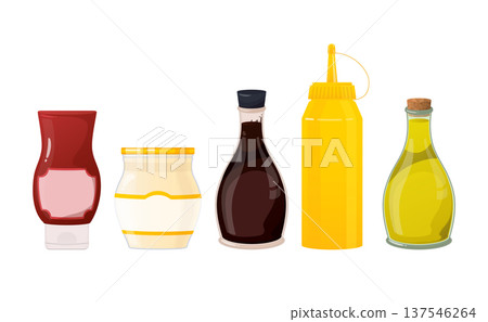 Assortment of commonly used food condiments and dressings in diverse containers, representing culinary flavors for dining 137546264