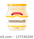 Mayonnaise jar featuring a premium quality label, offering a creamy dressing, condiment, or sauce for meals on a white background 137546266
