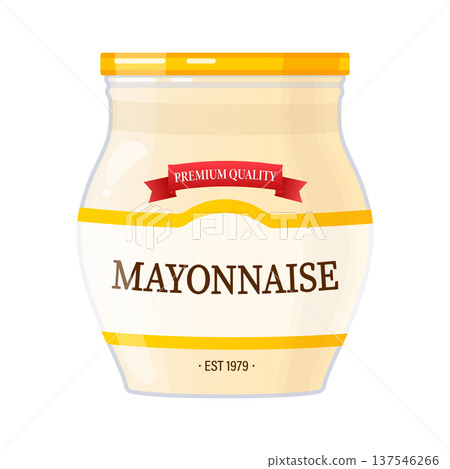 Mayonnaise jar featuring a premium quality label, offering a creamy dressing, condiment, or sauce for meals on a white background Mayonnaise jar featuring a premium quality label, offering a creamy dressing, condiment, or sauce for meals on a white background 137546266