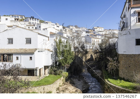 Setenil de las Bodegas shows white houses above the river with trees in the foreground and clear blue sky Setenil de las Bodegas shows white houses above the river with trees in the foreground and clear blue sky 137546267
