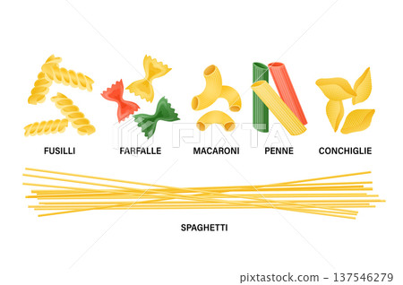 Collection of various pasta shapes and colors, showcasing popular options for Italian cuisine and meal preparation 137546279