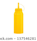 Yellow plastic mustard bottle with a red cap, isolated on white. Applying sauce for hot dogs, burgers, and grilling 137546281