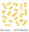 Various traditional pasta shapes floating on a white background, creating an Italian food pattern 137546283