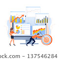 Businesspeople analyzing data on multiple charts and graphs, setting targets, and working towards achieving strategic goals with performance reports 137546284