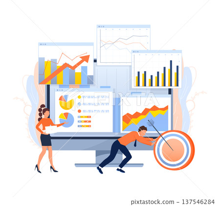 Businesspeople analyzing data on multiple charts and graphs, setting targets, and working towards achieving strategic goals with performance reports Businesspeople analyzing data on multiple charts and graphs, setting targets, and working towards achieving strategic goals with performance reports 137546284