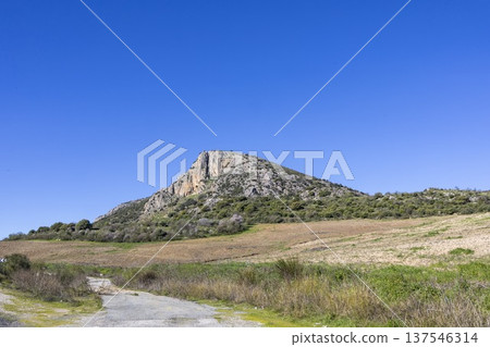 Scenic view of a mountain landscape in Spain during a clear sunny day with blue sky and open fields 137546314