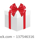 White gift box tied with a vibrant red ribbon and bow, symbolizing presents, generosity, and celebration on a white background 137546316