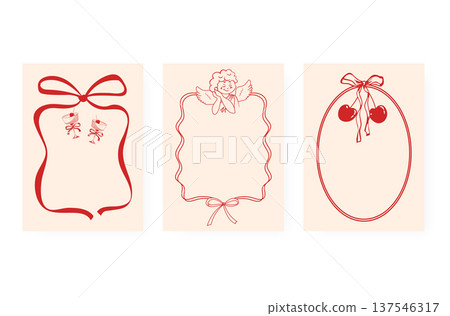 Decorative border collection with a cupid, bows, cherries, and drinks. Ideal for greeting cards and love messages Decorative border collection with a cupid, bows, cherries, and drinks. Ideal for greeting cards and love messages 137546317