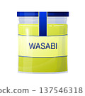 Wasabi paste in a glass jar, featuring a blue label and cap. A hot and popular condiment for sushi and other Asian dishes 137546318