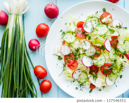 Home cooking healthy eating. Portion with fresh spring salad sliced vegetables covered in olive oil. Home cooking healthy eating. Portion with fresh spring salad sliced vegetables covered in olive oil. 137546351