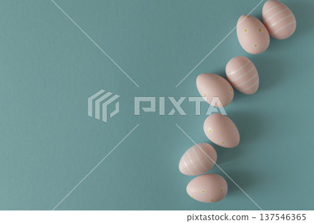 Pastel Pink Easter Eggs on Blue Background. Minimal Festive Composition Pastel Pink Easter Eggs on Blue Background. Minimal Festive Composition 137546365