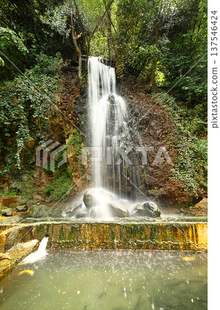 Waterfall green forest river stream landscape. Beautiful green nature concept, artistic bright green trees Waterfall green forest river stream landscape. Beautiful green nature concept, artistic bright green trees 137546424