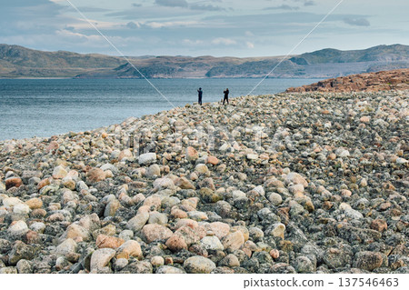 Russia, Teriberka, People walk on coast of the Barents Sea at sunset, the rocky shore with colourful arctic carpet of moss, yagel, Tundra at autumn, Murmansk region Russia, Teriberka, People walk on coast of the Barents Sea at sunset, the rocky shore with colourful arctic carpet of moss, yagel, Tundra at autumn, Murmansk region 137546463