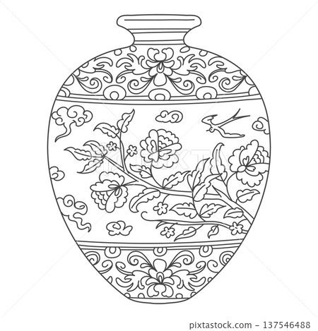 Elegant traditional Asian vase, vector vintage oriental pottery with black and white floral ornaments, flowers and bird Elegant traditional Asian vase, vector vintage oriental pottery with black and white floral ornaments, flowers and bird 137546488