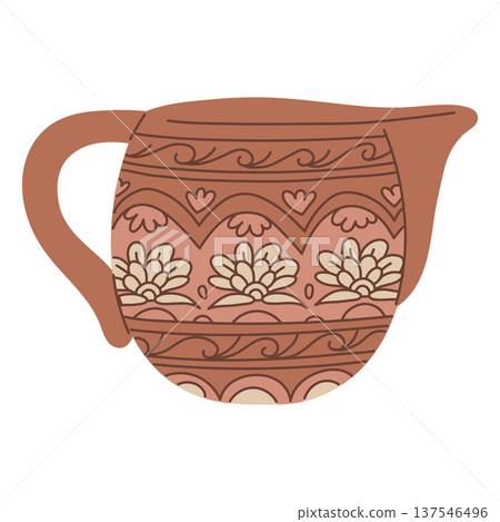 Elegant traditional Asian kettle, teapot, vector vintage oriental porcelain tableware with brown floral pattern drawing Elegant traditional Asian kettle, teapot, vector vintage oriental porcelain tableware with brown floral pattern drawing 137546496