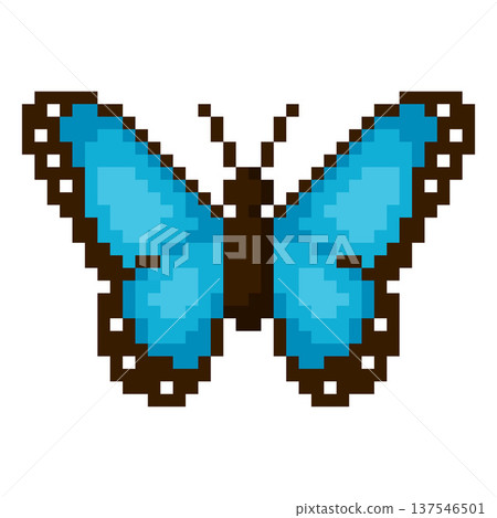 A blue pixelated morpho butterfly in 8-bit style, with blue outstretched wings. A blue pixelated morpho butterfly in 8-bit style, with blue outstretched wings. 137546501