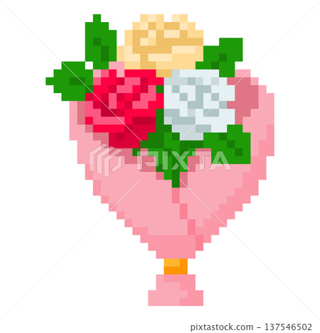 Beautiful roses flowers bouquet vector pixel art, wedding venue blossom decoration, retro 8 bit bloom gift in pink wrap Beautiful roses flowers bouquet vector pixel art, wedding venue blossom decoration, retro 8 bit bloom gift in pink wrap 137546502