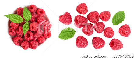 Ripe raspberries in ceramic bowl isolated on a white background. Top view. Flat lay Ripe raspberries in ceramic bowl isolated on a white background. Top view. Flat lay 137546792