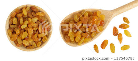 Yellow Raisins in wooden bowl and spoon isolated on white background. Top view. Flat lay, Yellow Raisins in wooden bowl and spoon isolated on white background. Top view. Flat lay, 137546795