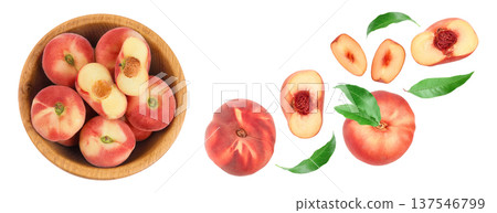 chinese flat donut peaches in wooden bowl isolated on white background. Top view. Flat lay chinese flat donut peaches in wooden bowl isolated on white background. Top view. Flat lay 137546799