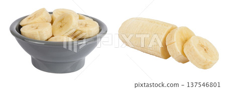 peeled banana pieces in ceramic bowl isolated on white background 137546801