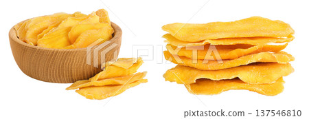 dried mango in wooden bowl isolated on white background dried mango in wooden bowl isolated on white background 137546810