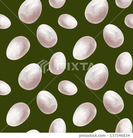Hand-drawn watercolor seamless pattern featuring organic white chicken eggs scattered on a green background. High-quality repeating texture for Easter designs, farm-to-table packaging, kitchen Hand-drawn watercolor seamless pattern featuring organic white chicken eggs scattered on a green background. High-quality repeating texture for Easter designs, farm-to-table packaging, kitchen 137546834